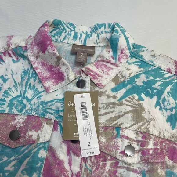 NWT Chico’s Multi Color Tie Dye Trucker Vandal Orchid Jacket Size 2 US Large New - Picture 2 of 8